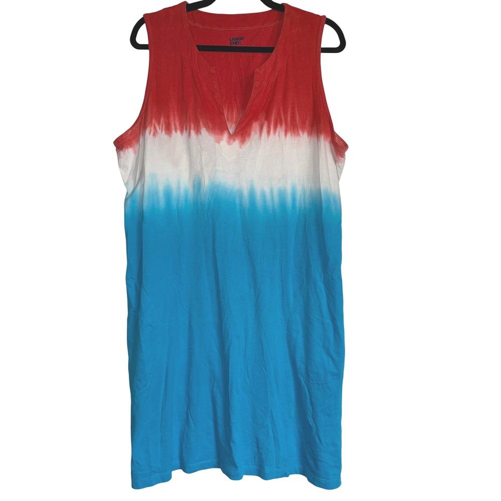 Lands End Womens XL Red White Blue Tie Dye‎ Sleeveless Dress Cover Up